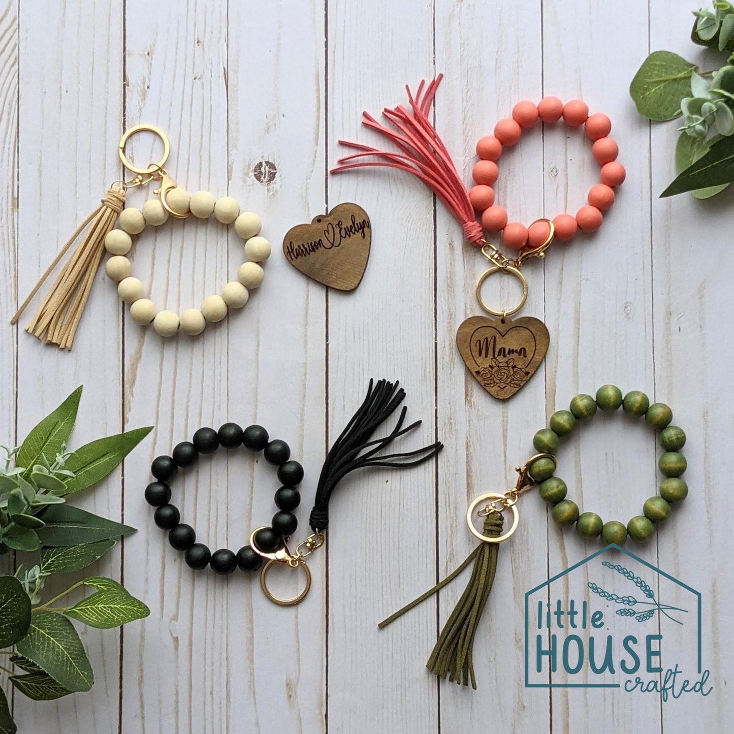 Wristlet Keychain - Wooden Beaded Bracelet - Engraved - Initial - Custom Personalized Wooden Bracelet - Faux Suede Tassels