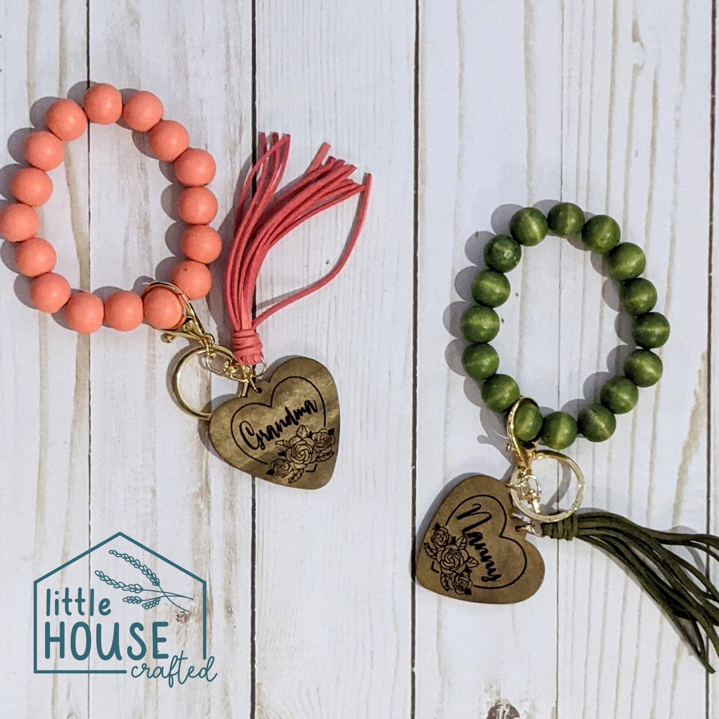 Wristlet Keychain - Wooden Beaded Bracelet - Engraved - Initial - Custom Personalized Wooden Bracelet - Faux Suede Tassels