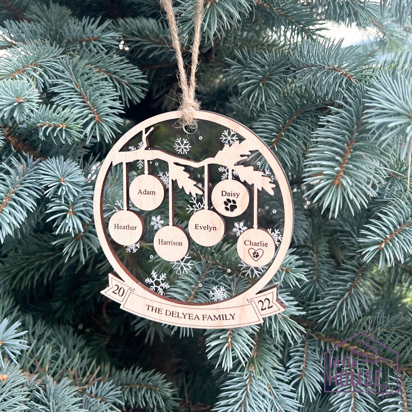 Maple wood and engraved acrylic with snowflakes