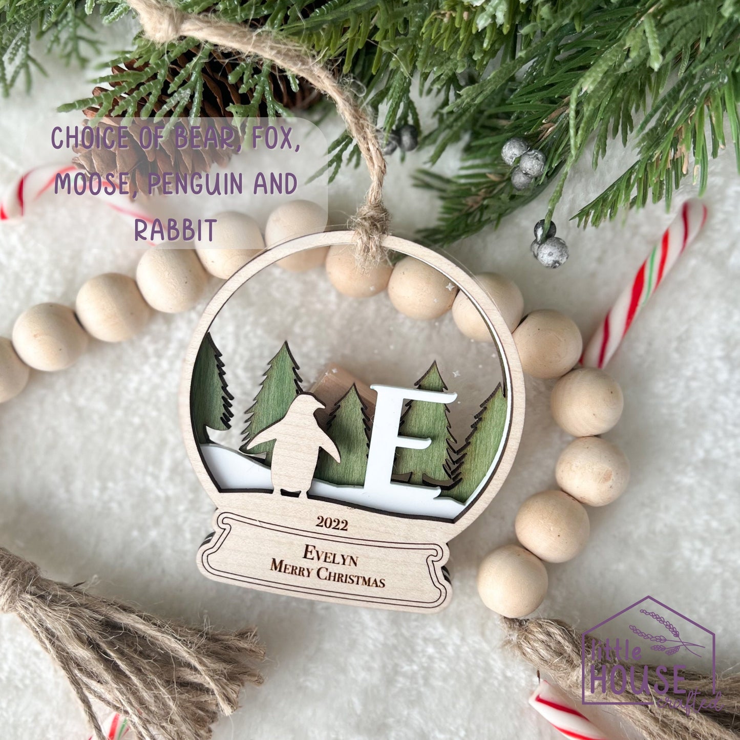 Initial Christmas Ornaments - Monogram - Keepsake Memento - Arctic Woodland Animals - Forrest Christmas Scene - Layered - Christmas gift