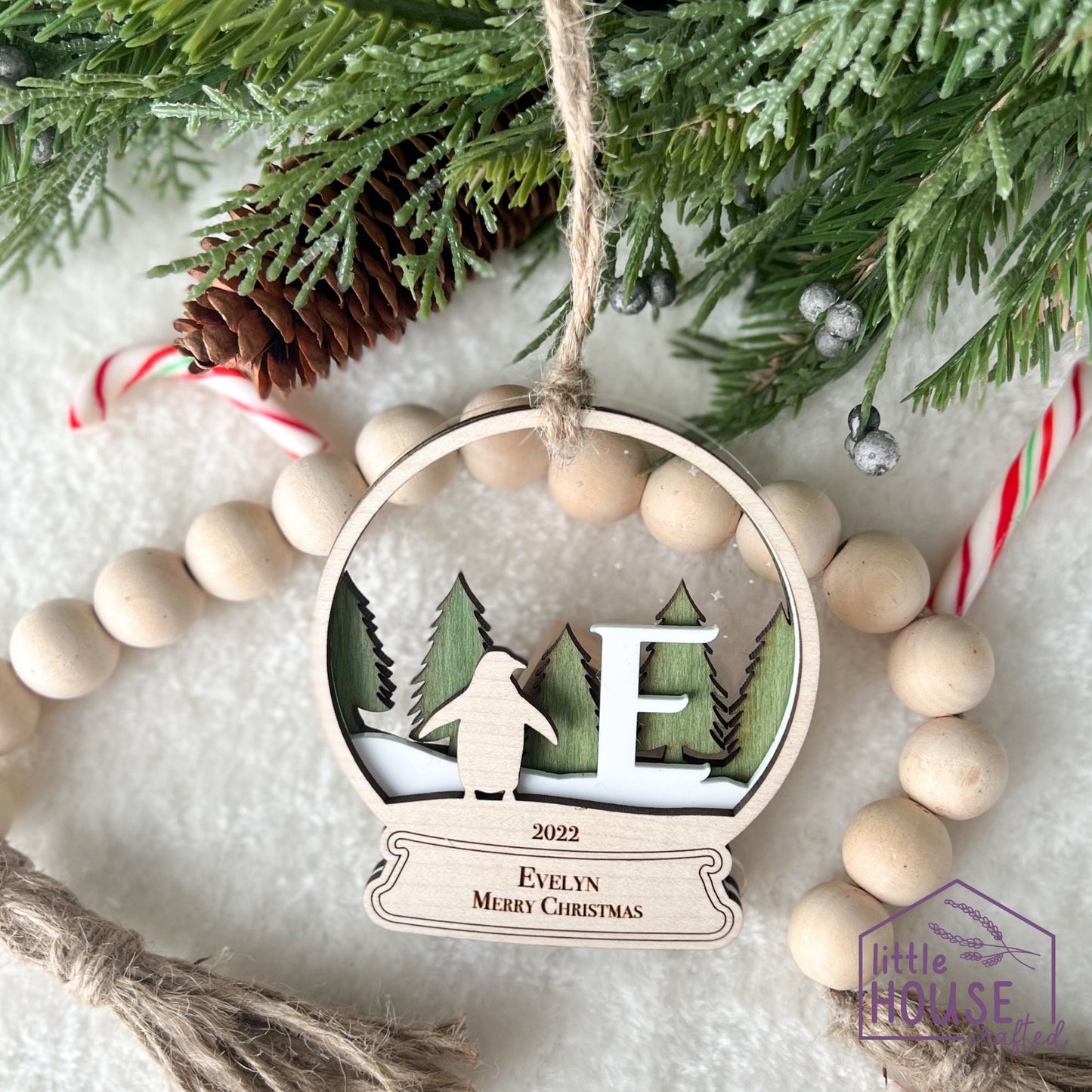Initial Christmas Ornaments - Monogram - Keepsake Memento - Arctic Woodland Animals - Forrest Christmas Scene - Layered - Christmas gift