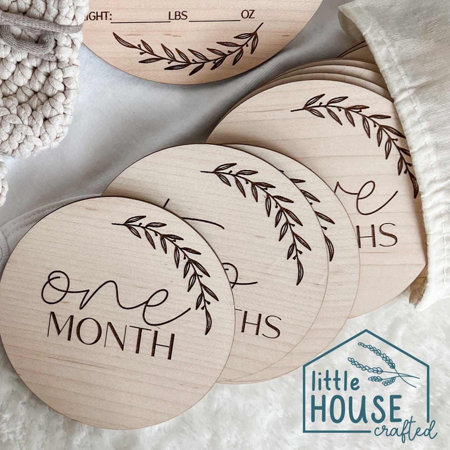 Baby Monthly Milestone Rounds, Monthly Markers, Newborn Photo Prop, Birth Announcement, Wooden, Engraved, Gender Neutral, Leaf