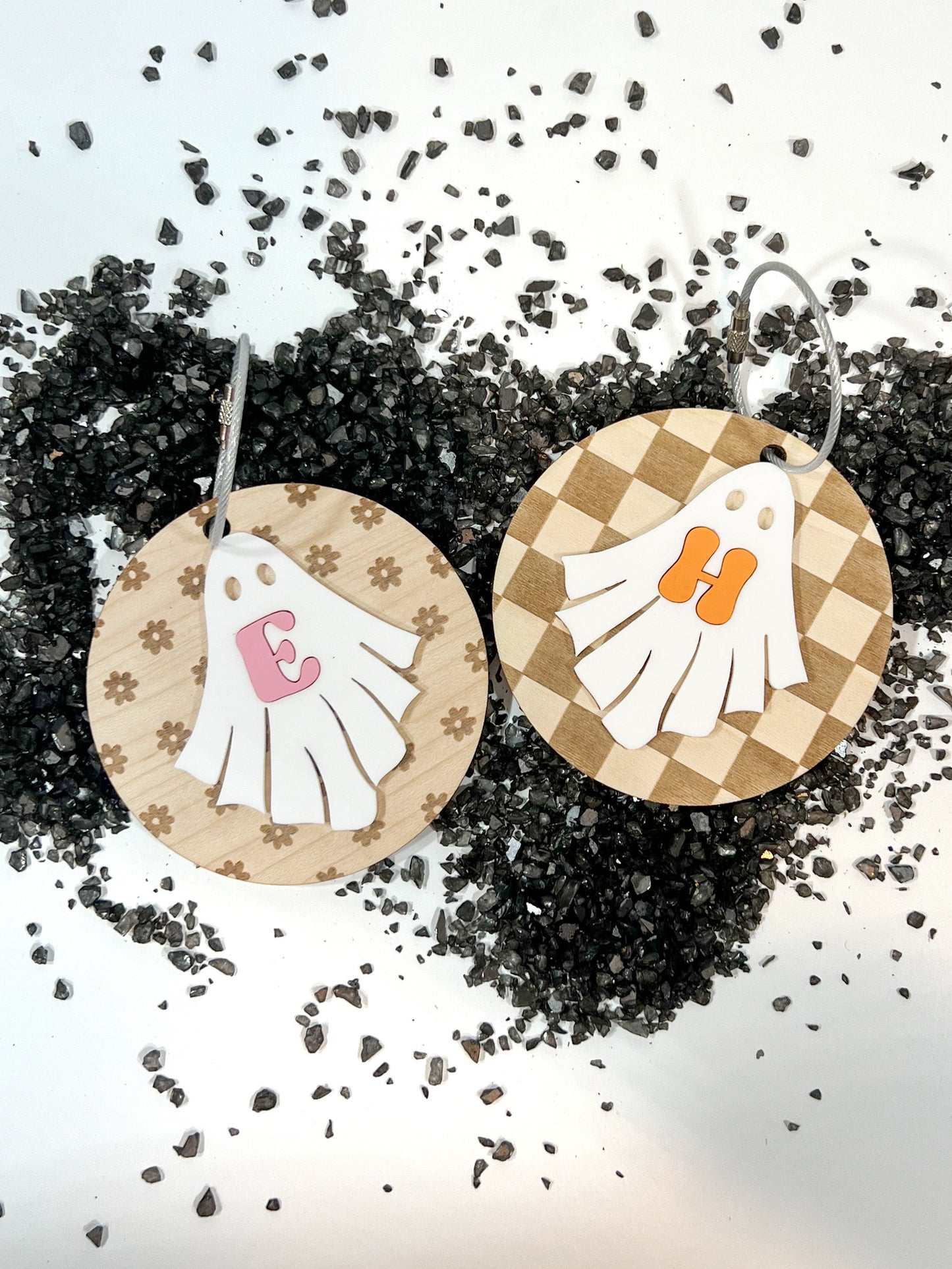 Halloween Ghost Tag - Trick or Treat Bag - Personalized Retro Tag - Acrylic - Initial -Daisy -Checkered - Backpack Tag