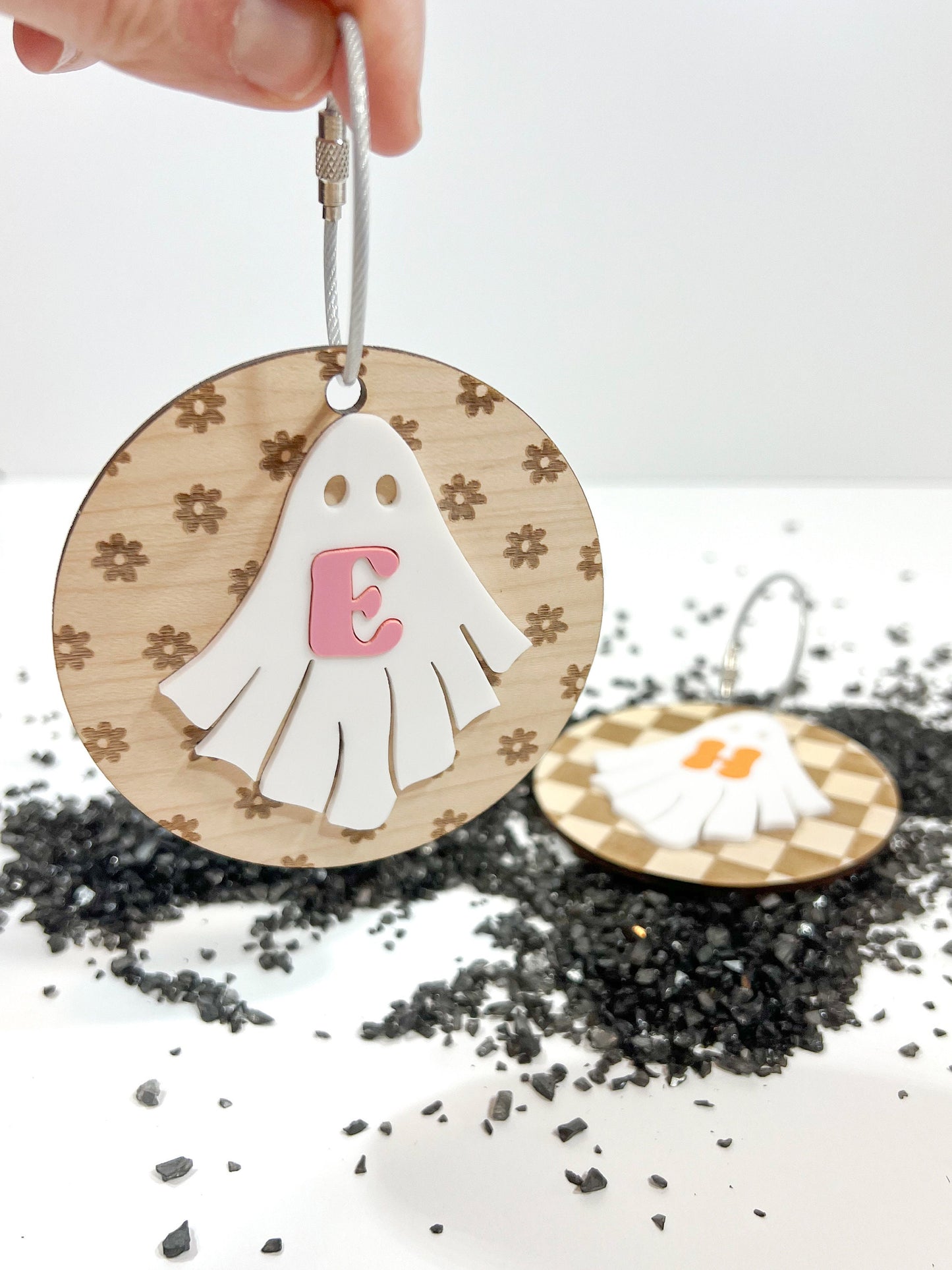 Halloween Ghost Tag - Trick or Treat Bag - Personalized Retro Tag - Acrylic - Initial -Daisy -Checkered - Backpack Tag