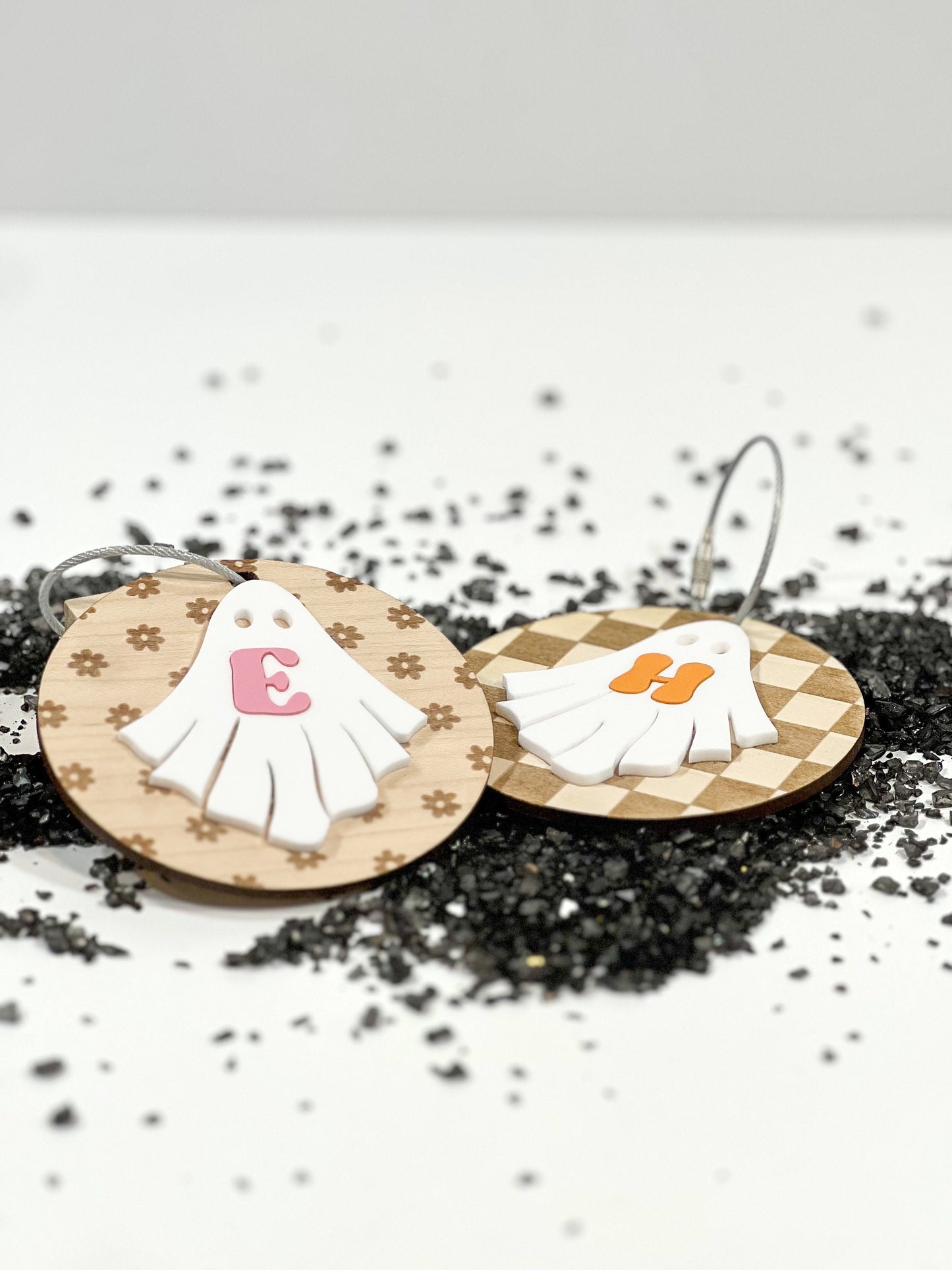 Halloween Ghost Tag - Trick or Treat Bag - Personalized Retro Tag - Acrylic - Initial -Daisy -Checkered - Backpack Tag