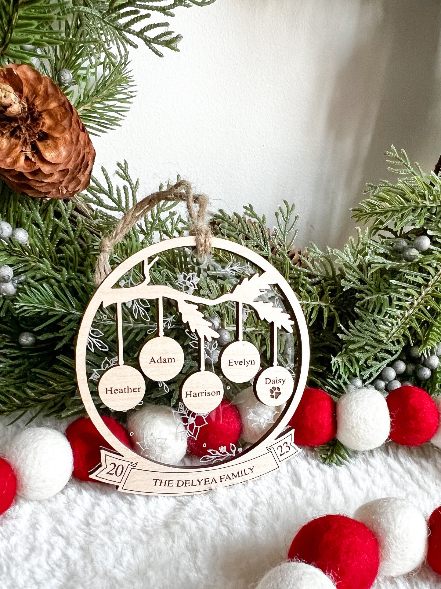 Family Christmas Ornament - 1 - 14 Family Members - Poinsettias - Acrylic - Engraved - Personalized Ornaments - Gift - Family - Custom Gift