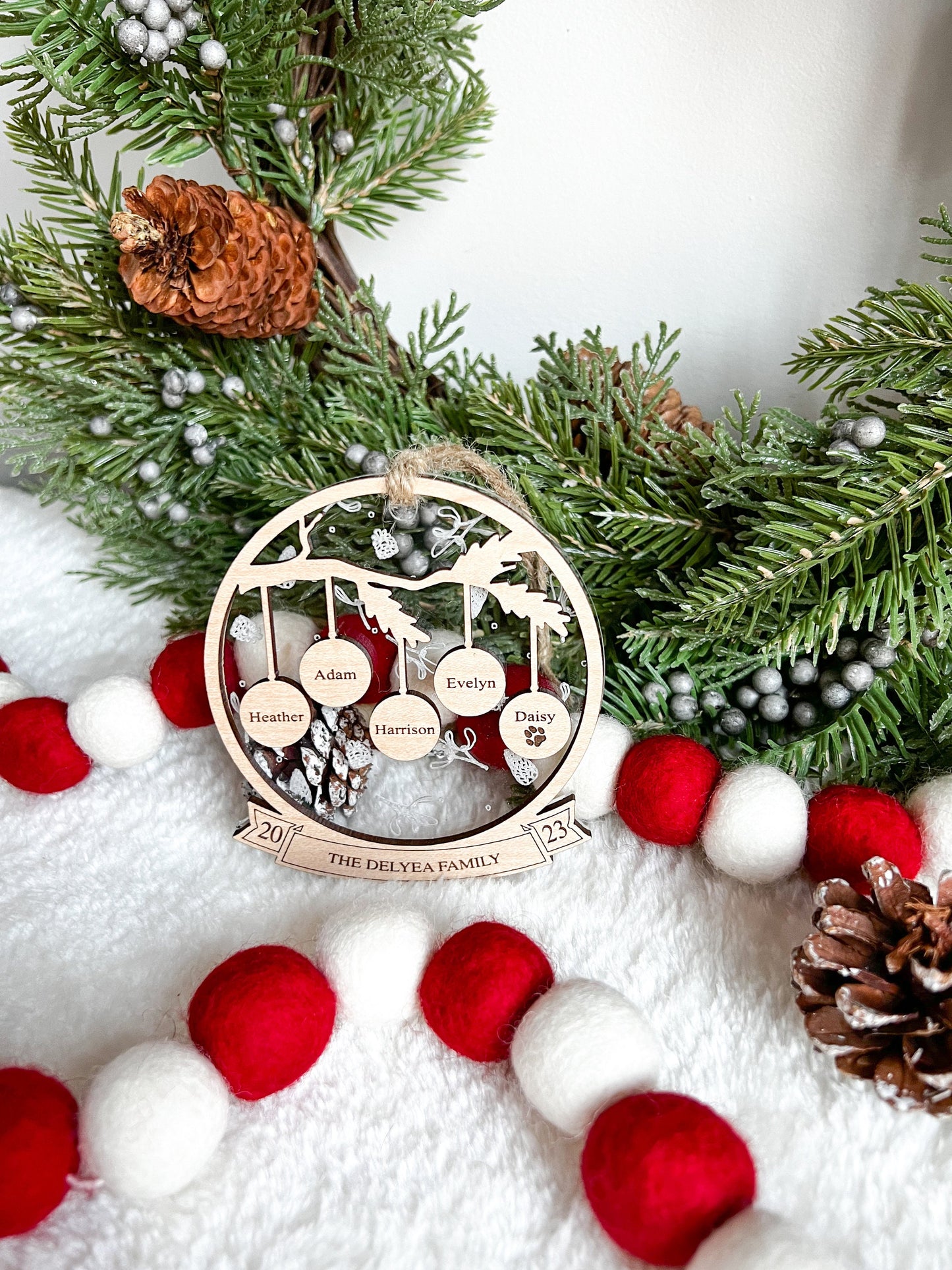 Personalized Family Wooden Ornament - Engraved Mistletoe and Pinecones - Acrylic - Multiple Family Members - Keepsake Ornament