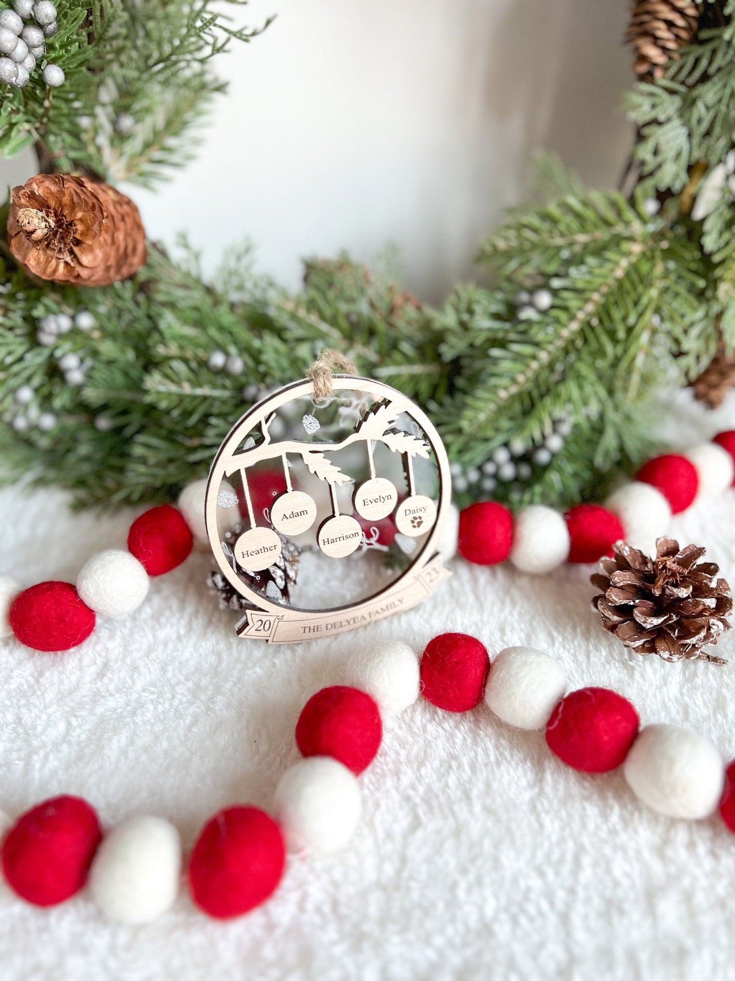 Personalized Family Wooden Ornament - Engraved Mistletoe and Pinecones - Acrylic - Multiple Family Members - Keepsake Ornament