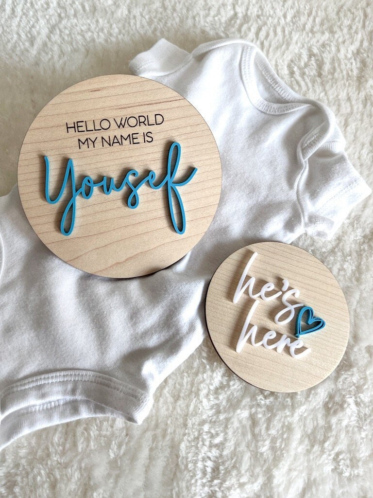 Hello World - My name is - Custom Baby Name Wooden Sign - Birth Stat Sign Marker - Birth Announcement - Newborn Photo Prop - Gender Reveal
