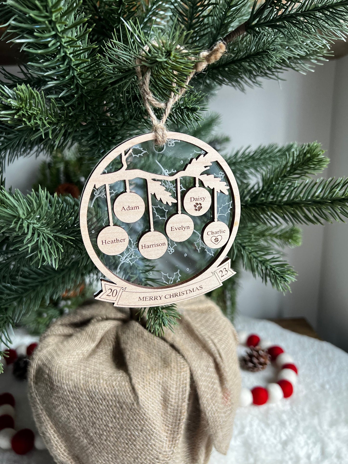 Family Christmas Ornament - Holly - Acrylic - Engraved - Personalized Ornaments - Gift - Family - Custom Gift