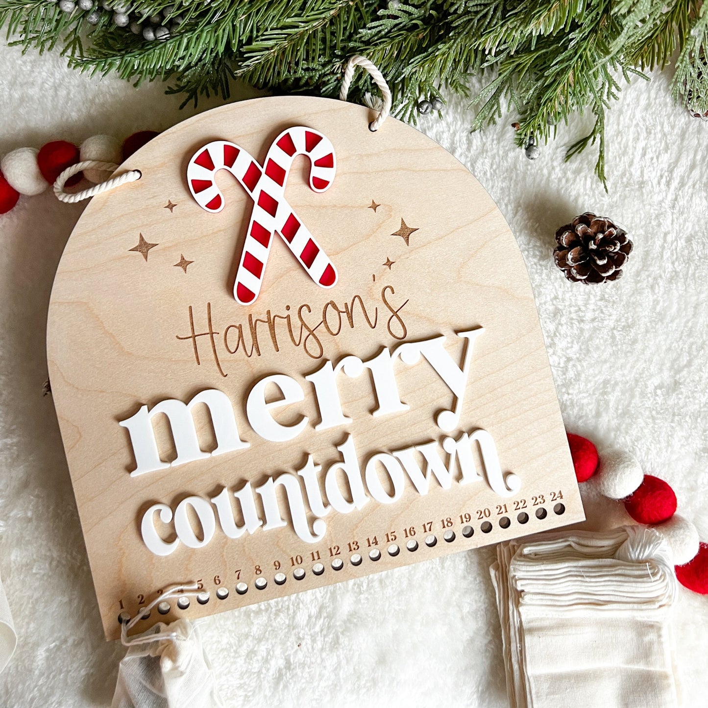 Christmas Advent Merry Countdown - Personalized Refillable - Customized Holiday Sign - Reusable - Wooden Wall Hanging - Xmas Decoration