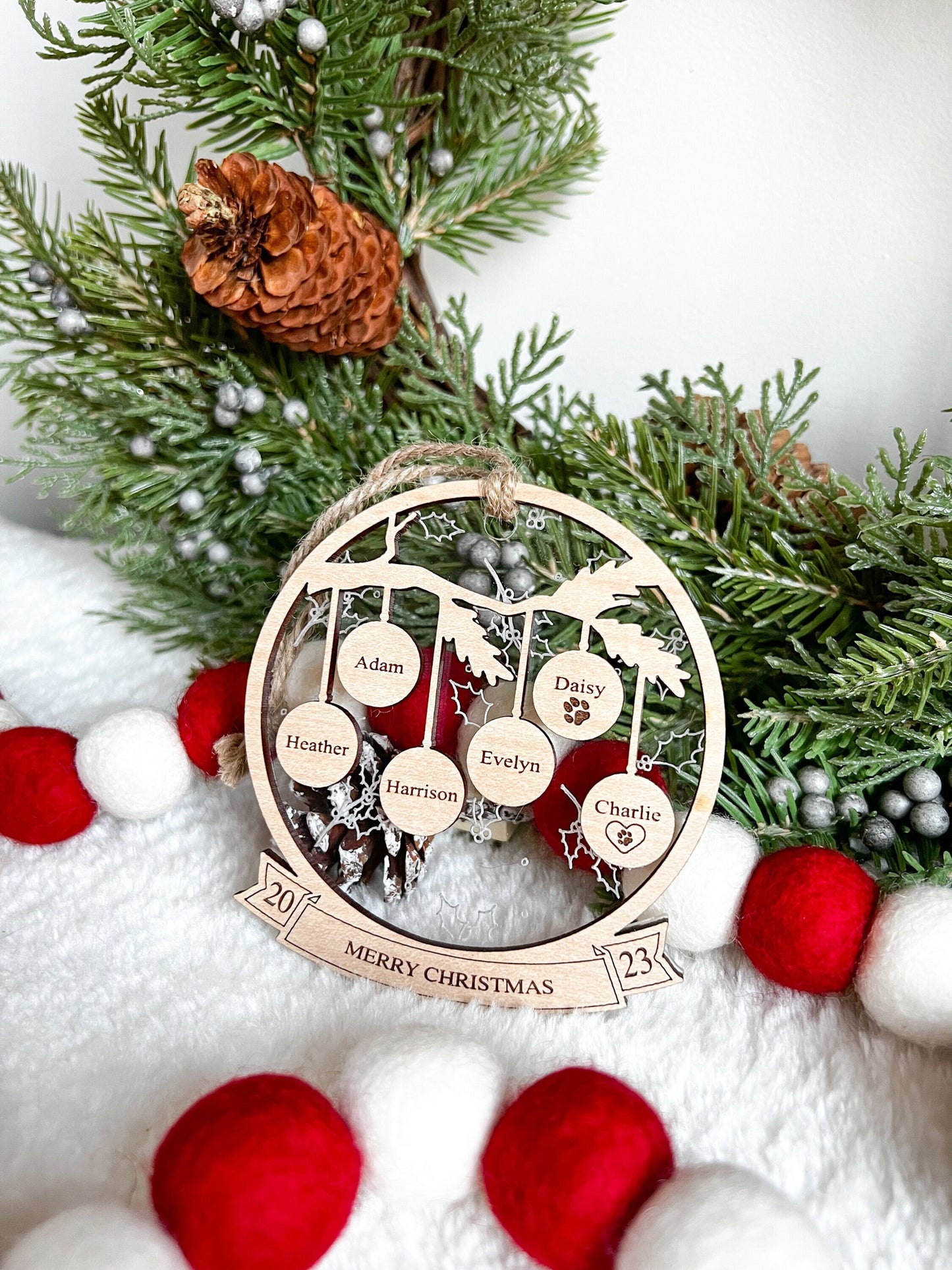 Family Christmas Ornament - Holly - Acrylic - Engraved - Personalized Ornaments - Gift - Family - Custom Gift