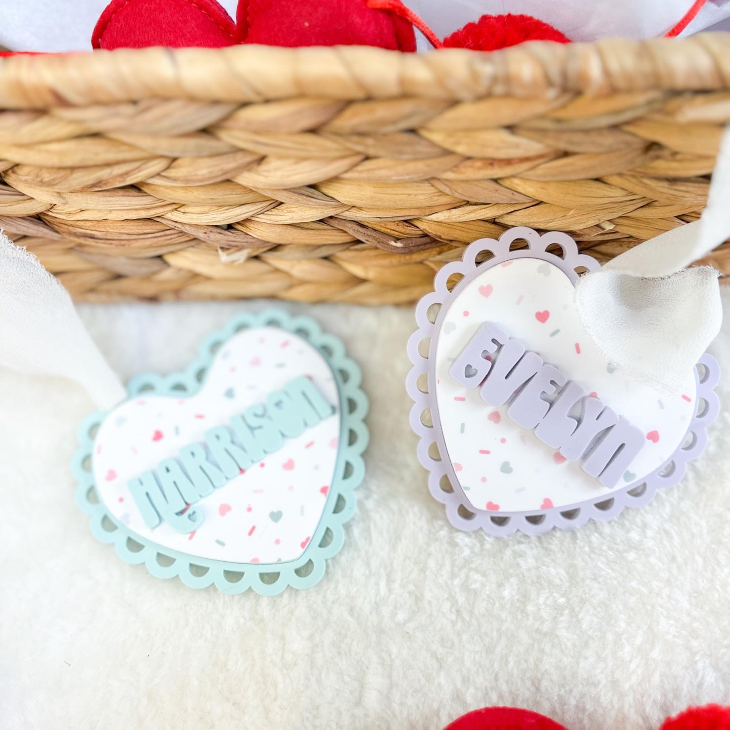Personalized Scalloped Heart Basket Tag - Sprinkles - Cute Valentine Gift Tag - Unique Kids Gift - Vday Acrylic Tag