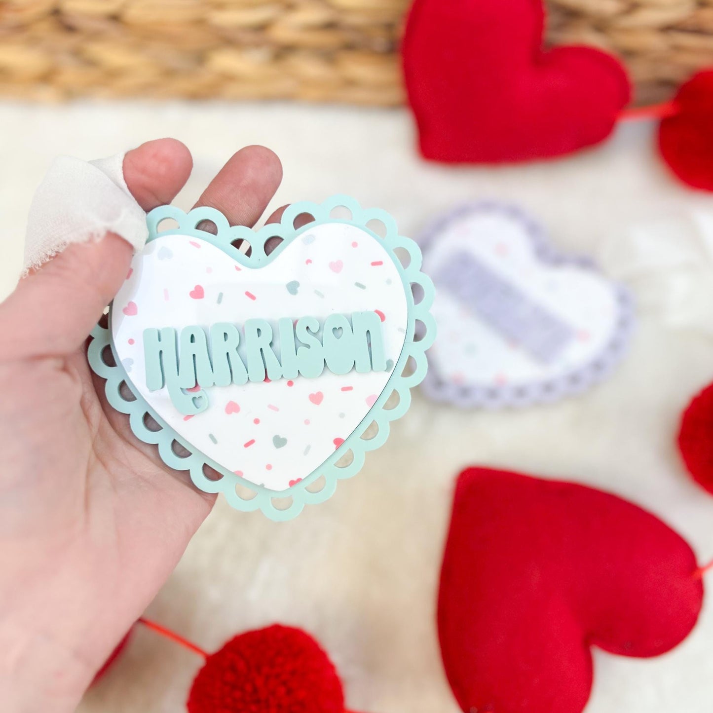 Personalized Scalloped Heart Basket Tag - Sprinkles - Cute Valentine Gift Tag - Unique Kids Gift - Vday Acrylic Tag