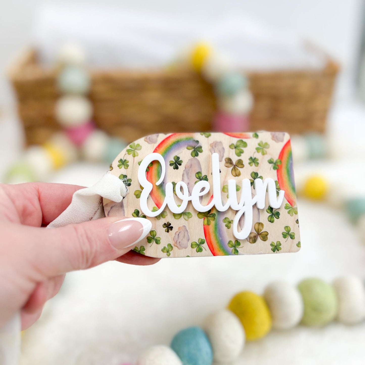 Personalized St. Patrick’s Day Basket Tag - Maple Wood - 3D Acrylic Name - Shamrocks- Rainbows - Gold Coins