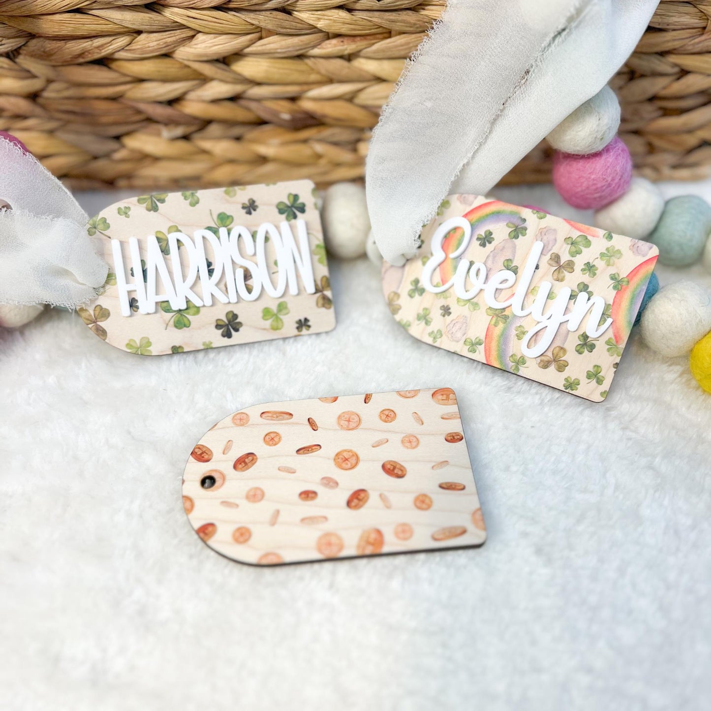 Personalized St. Patrick’s Day Basket Tag - Maple Wood - 3D Acrylic Name - Shamrocks- Rainbows - Gold Coins