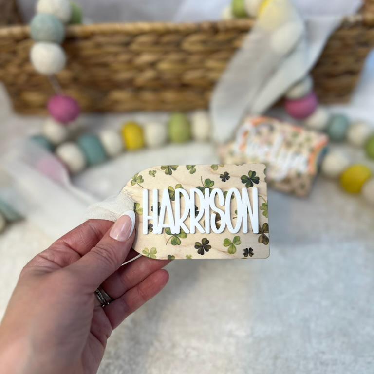 Personalized St. Patrick’s Day Basket Tag - Maple Wood - 3D Acrylic Name - Shamrocks- Rainbows - Gold Coins