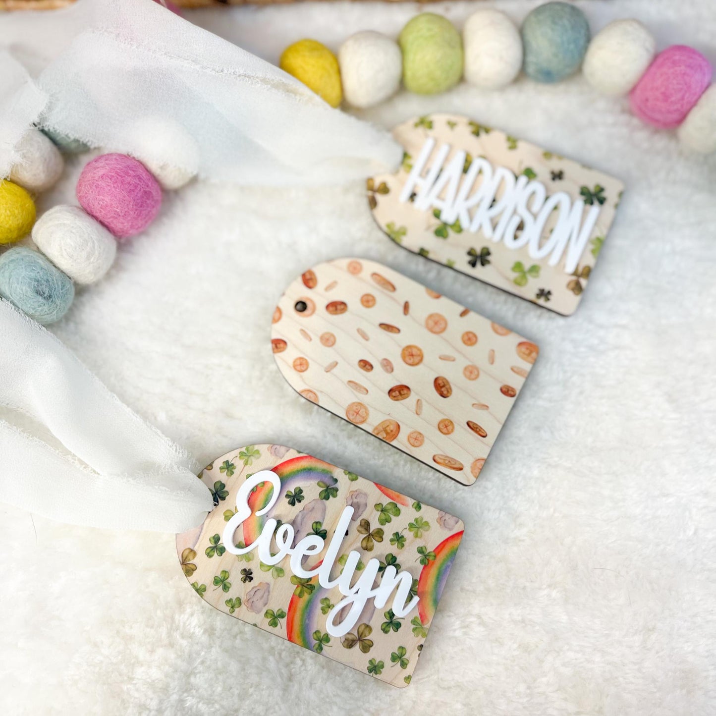 Personalized St. Patrick’s Day Basket Tag - Maple Wood - 3D Acrylic Name - Shamrocks- Rainbows - Gold Coins