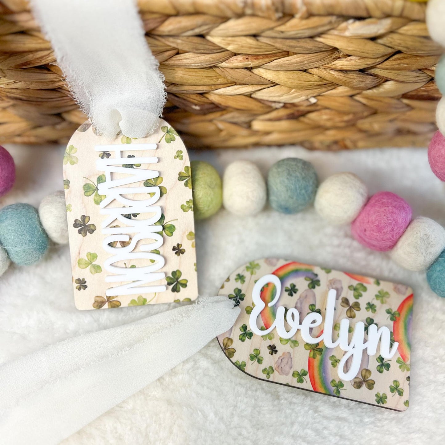 Personalized St. Patrick’s Day Basket Tag - Maple Wood - 3D Acrylic Name - Shamrocks- Rainbows - Gold Coins