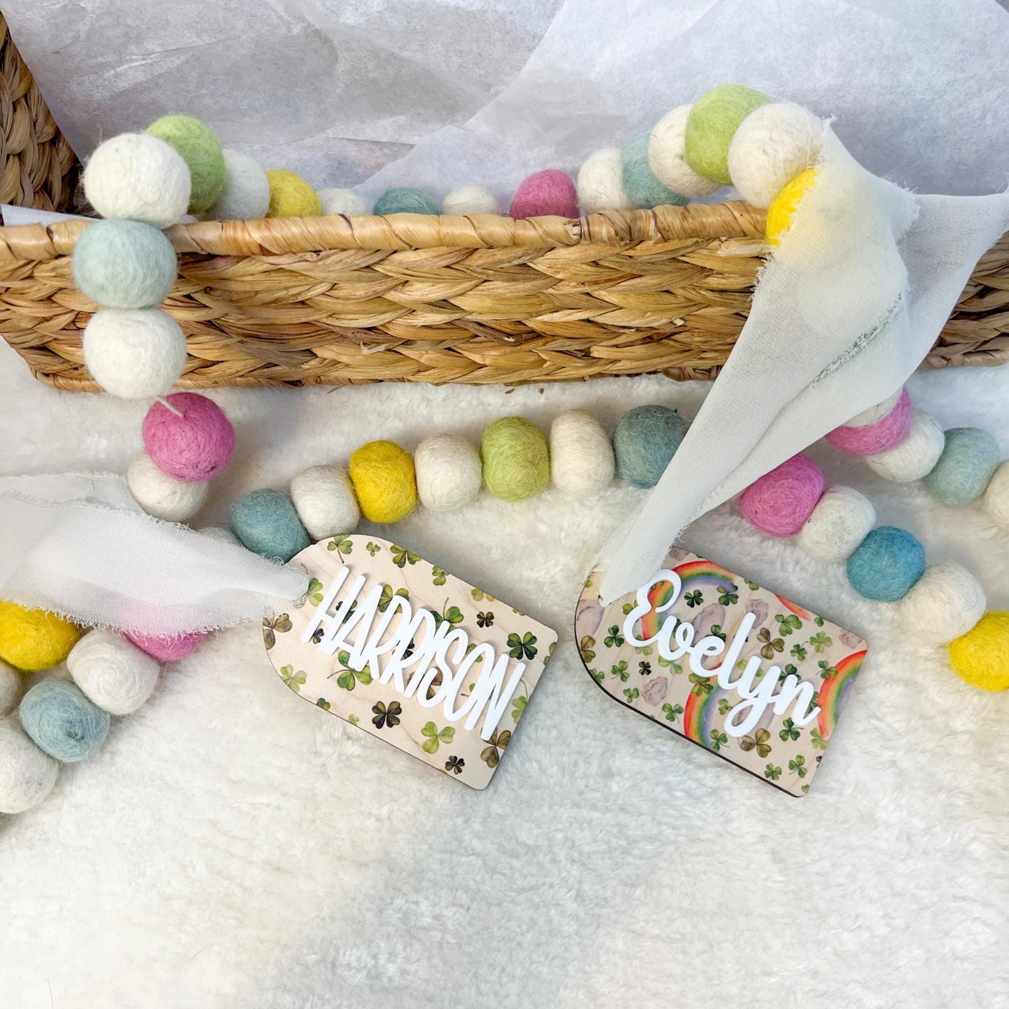Personalized St. Patrick’s Day Basket Tag - Maple Wood - 3D Acrylic Name - Shamrocks- Rainbows - Gold Coins