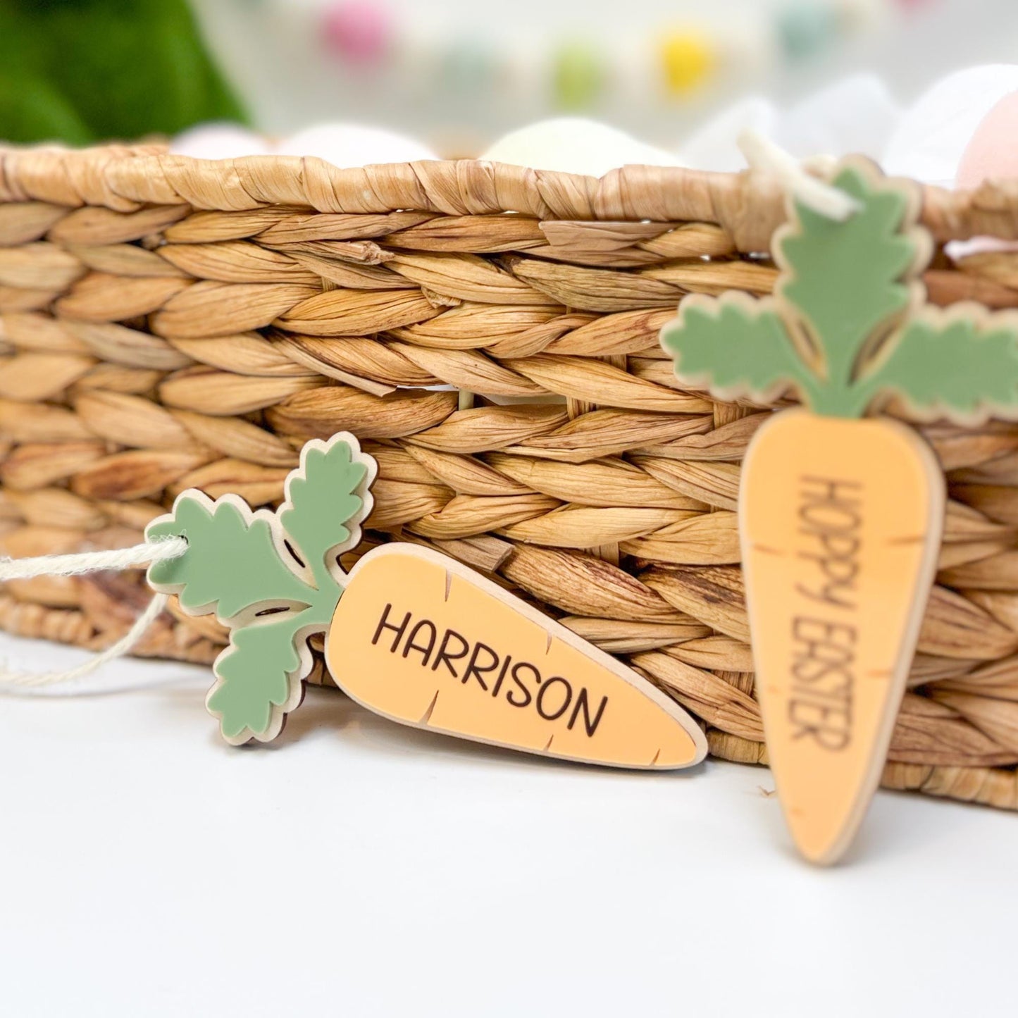 Acrylic and Wood Easter Basket Tags - Personalized Carrot - Easter Decor - Gift Tag - Easter Ornament - Bunny Basket
