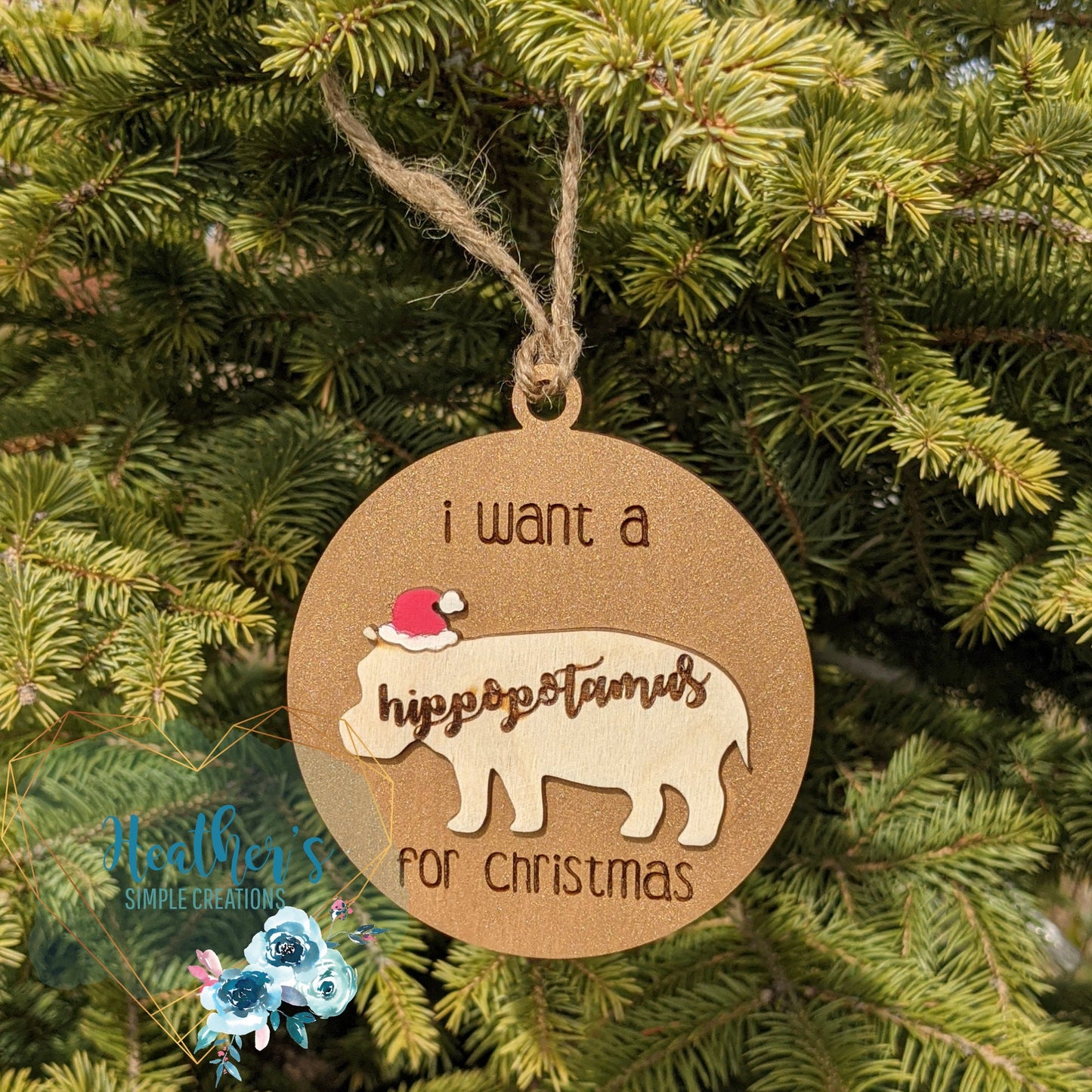 Christmas Ornament - Hippo- Laser Engraved Birch Wood - I want a hippopotamus - Cute -North American House Hippo