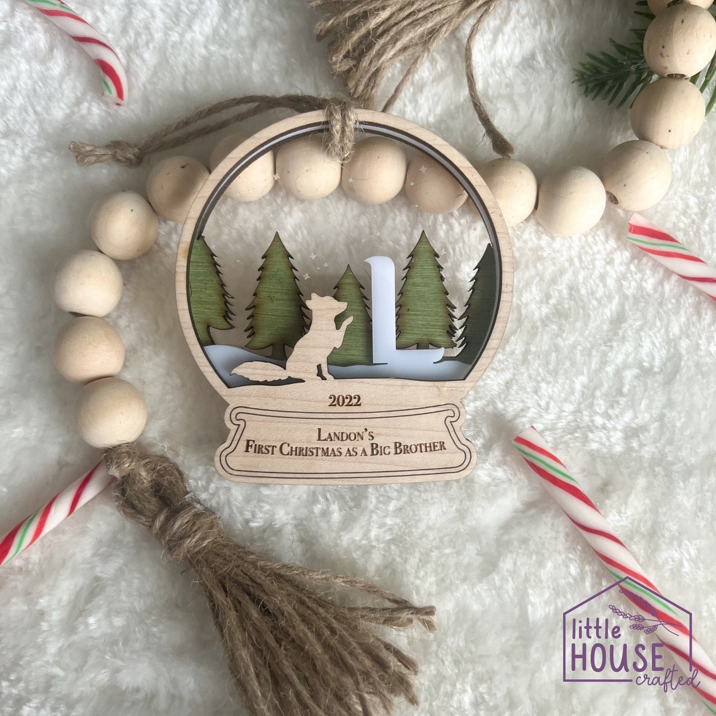 Christmas Initial -Personalized First Name - Newborn - Keepsake Memento - Woodlands - Animals - Forrest Christmas Scene - Layered Woodcut