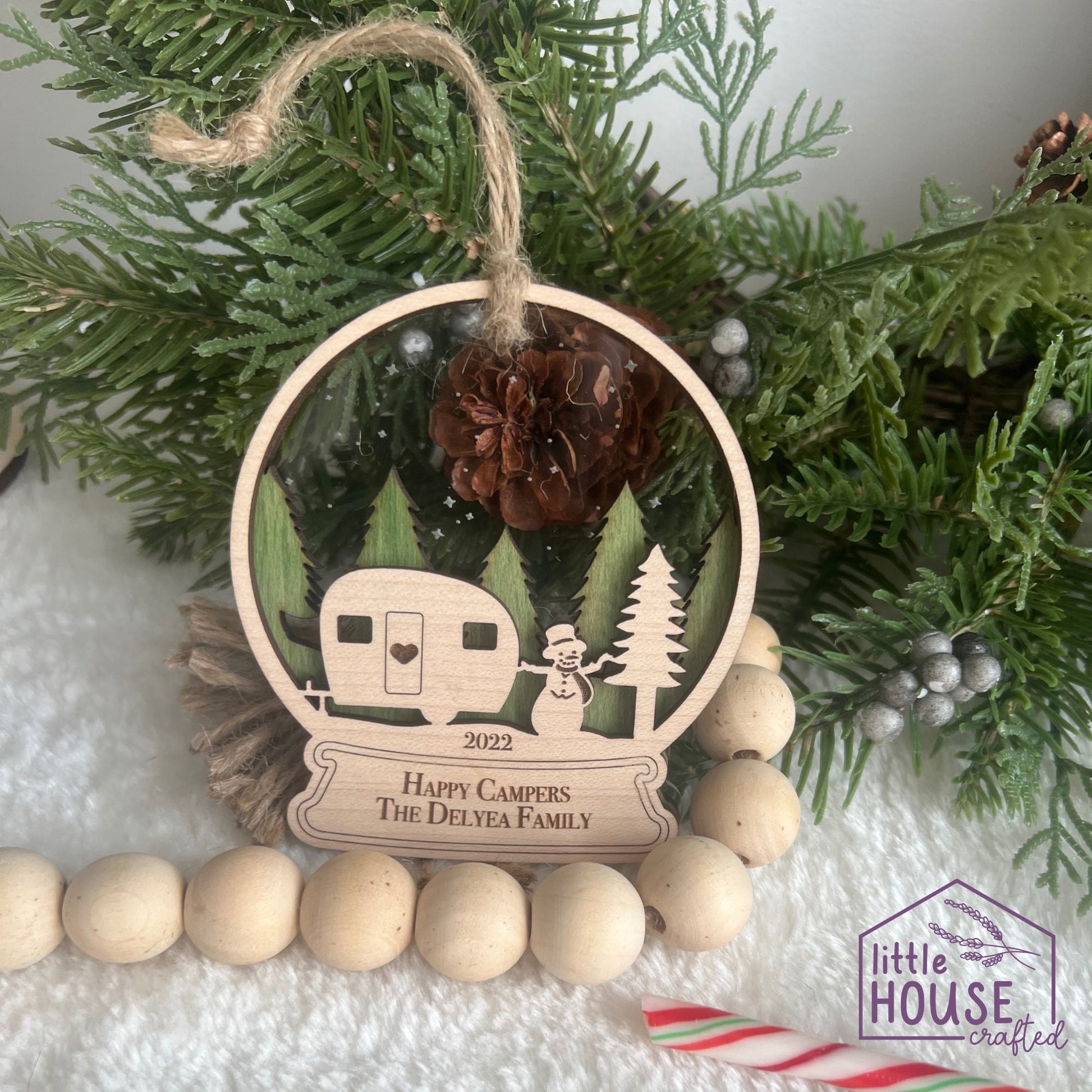 Christmas Camper Ornament - Camping Ornament - Happy Campers - Personalized - Laser Engraved - Family - Memory - Keepsake - Snowglobe - 2022