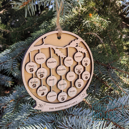 Family Christmas Ornament- 15 to 21 Family Members - Personalized - Wood - Engraved- Grandparent Ornament - Pets - Family Ornament