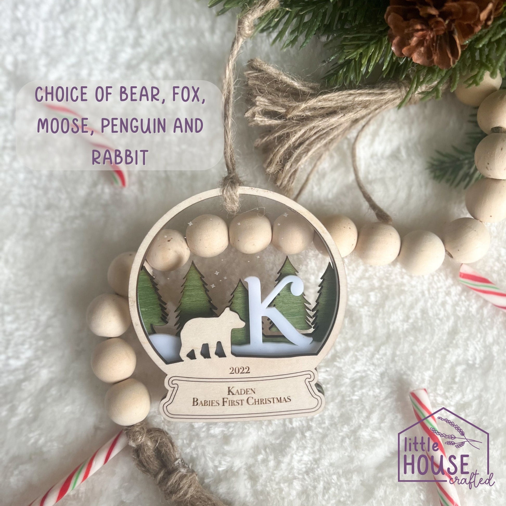 Christmas Initial -Personalized First Name - Newborn - Keepsake Memento - Woodlands - Animals - Forrest Christmas Scene - Layered Woodcut