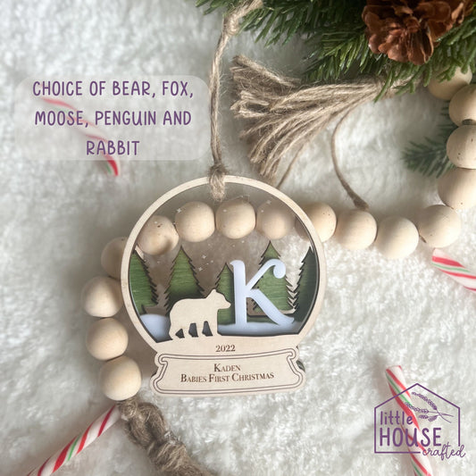 Christmas Initial -Personalized First Name - Newborn - Keepsake Memento - Woodlands - Animals - Forrest Christmas Scene - Layered Woodcut