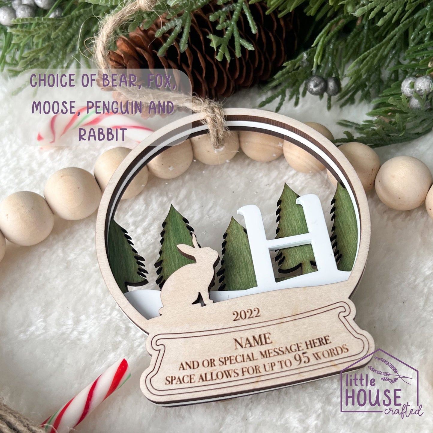 Monogram Christmas Ornaments - Keepsake Memento - Arctic Woodland Animals - Forrest Christmas Scene - Layered - Christmas gift - Bunny