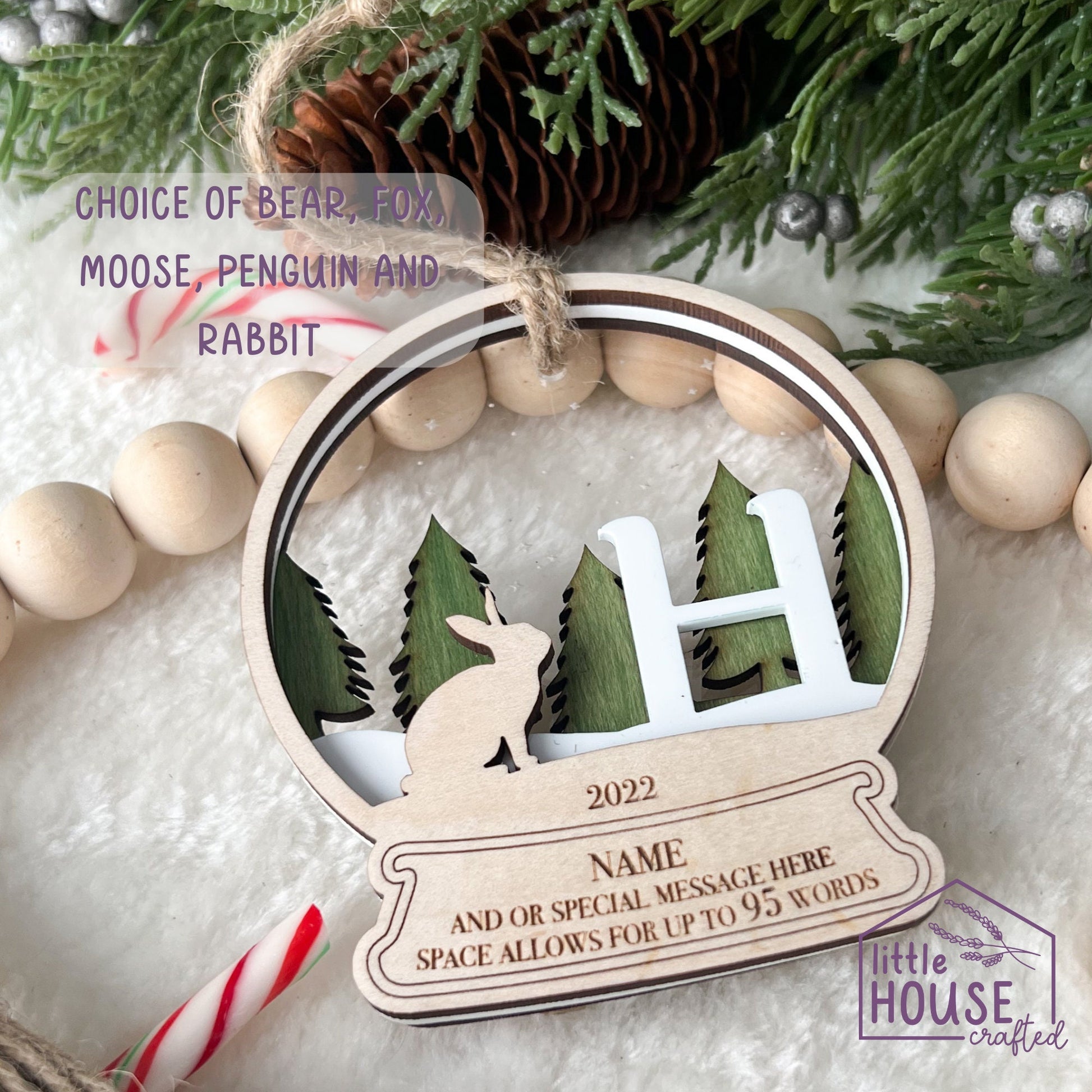 Monogram Christmas Ornaments - Keepsake Memento - Arctic Woodland Animals - Forrest Christmas Scene - Layered - Christmas gift - Bunny