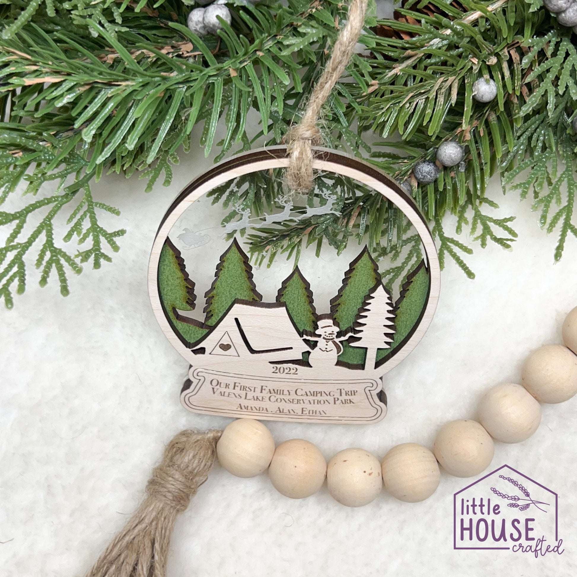 Christmas Camping Ornament - Tent - Personalized - Laser Engraved - Family - Memory - Keepsake - Snow globe - 2022 - Outdoorsy Gift - Camp