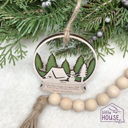 Christmas Camping Ornament - Tent - Personalized - Laser Engraved - Family - Memory - Keepsake - Snow globe - 2022 - Outdoorsy Gift - Camp