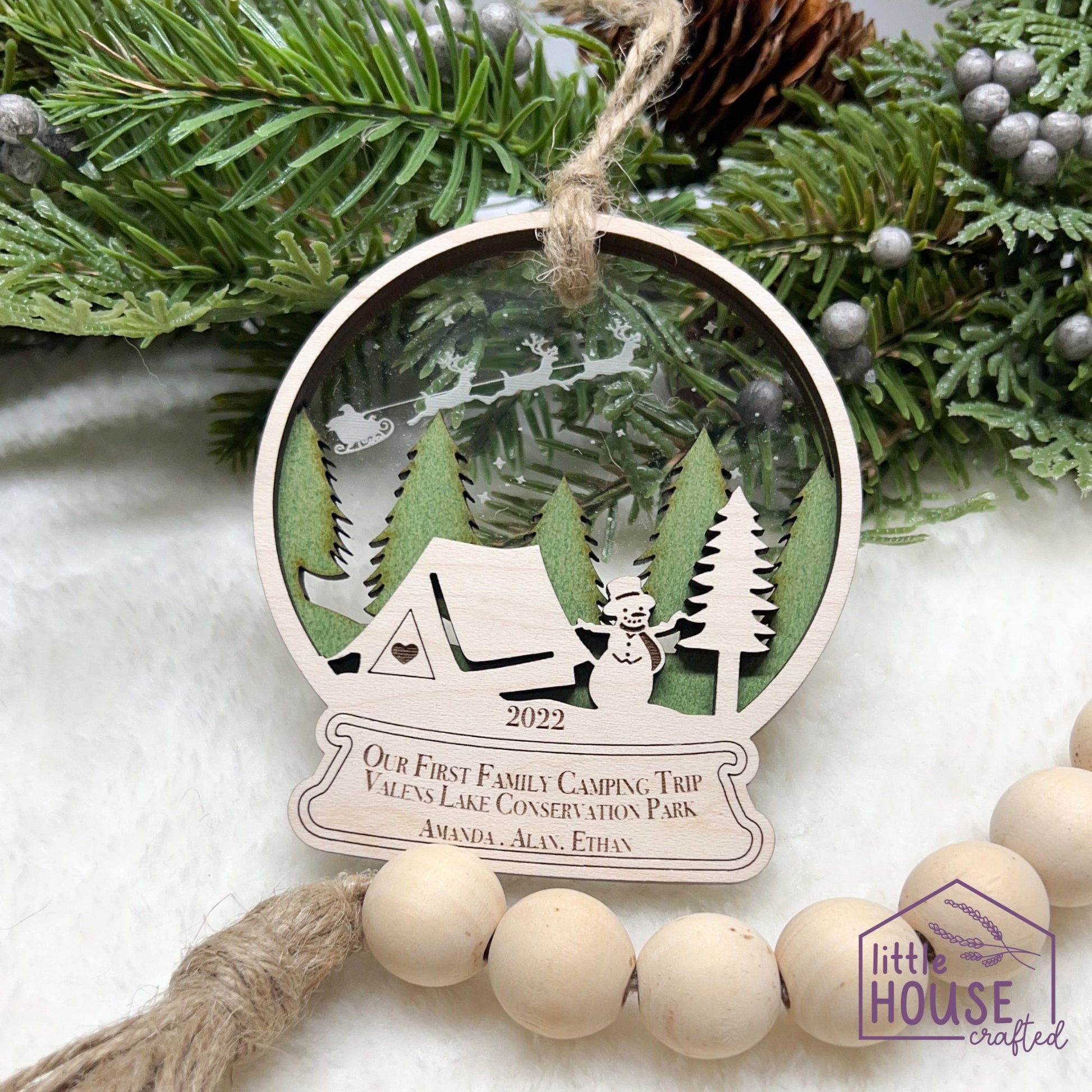 Christmas Camping Ornament - Tent - Personalized - Laser Engraved - Family - Memory - Keepsake - Snow globe - 2022 - Outdoorsy Gift - Camp