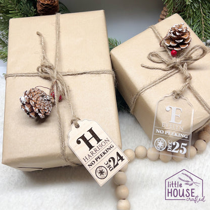 No Peeking - Christmas Gift Tag -Stocking Tag - Christmas Eve Tag - Engraved Gift Tag - Wood Acrylic - Christmas Keepsake - Christmas Decor
