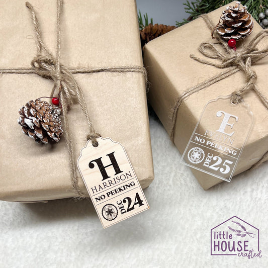 No Peeking - Christmas Gift Tag -Stocking Tag - Christmas Eve Tag - Engraved Gift Tag - Wood Acrylic - Christmas Keepsake - Christmas Decor