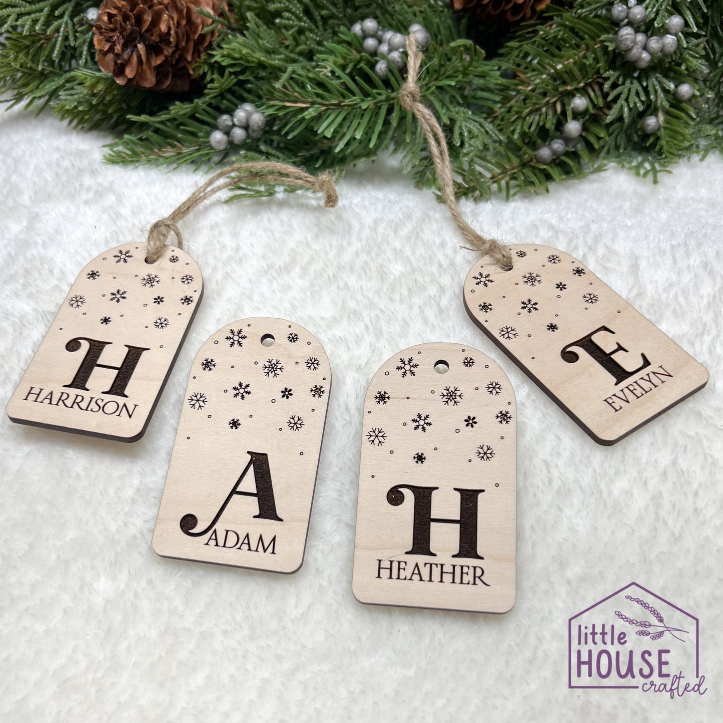 Christmas Stocking Tag - Reusable Gift Tag - Engraved Gift Tag - Wood - Acrylic - Christmas Keepsake - Christmas Decor - Snowflakes