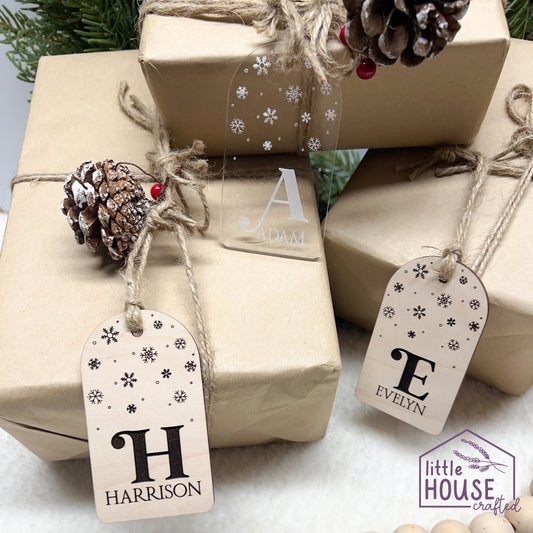 Christmas Stocking Tag - Reusable Gift Tag - Engraved Gift Tag - Wood - Acrylic - Christmas Keepsake - Christmas Decor - Snowflakes
