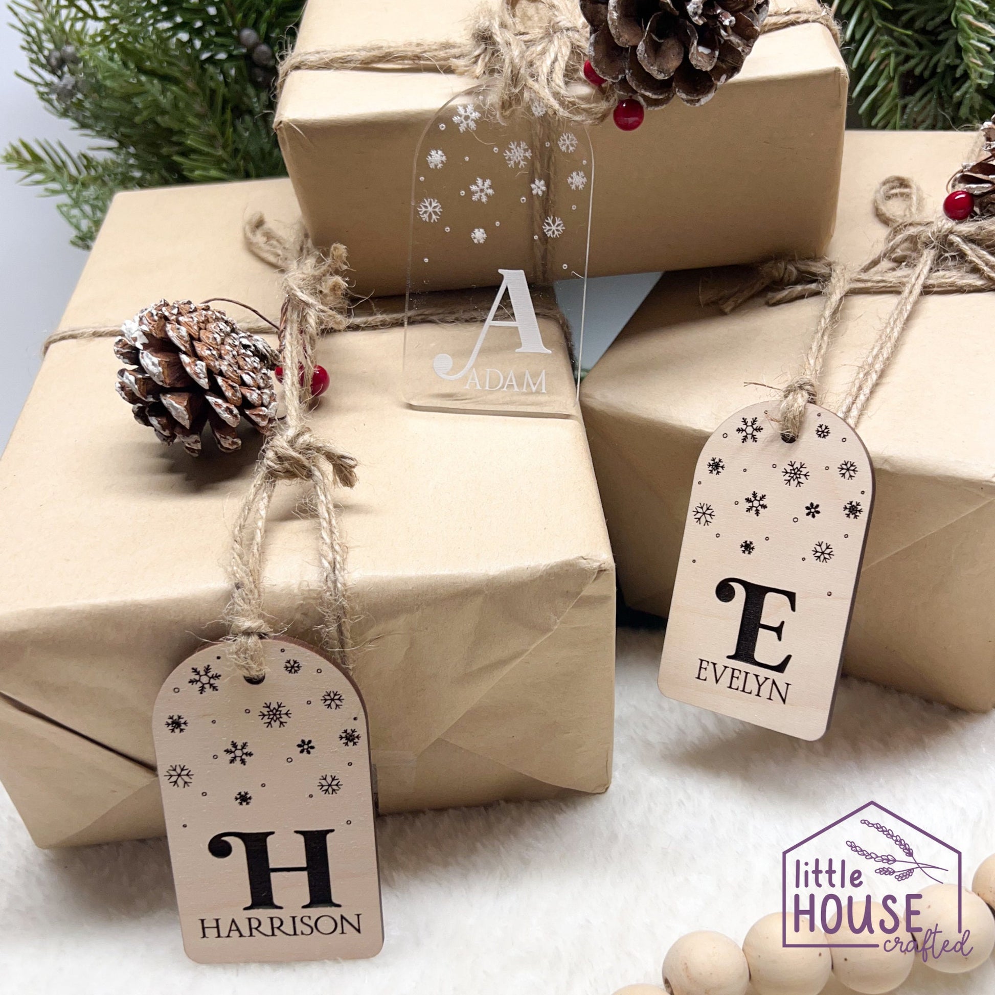 Christmas Stocking Tag - Reusable Gift Tag - Engraved Gift Tag - Wood - Acrylic - Christmas Keepsake - Christmas Decor - Snowflakes