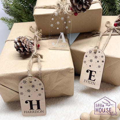 Christmas Stocking Tag - Reusable Gift Tag - Engraved Gift Tag - Wood - Acrylic - Christmas Keepsake - Christmas Decor - Snowflakes