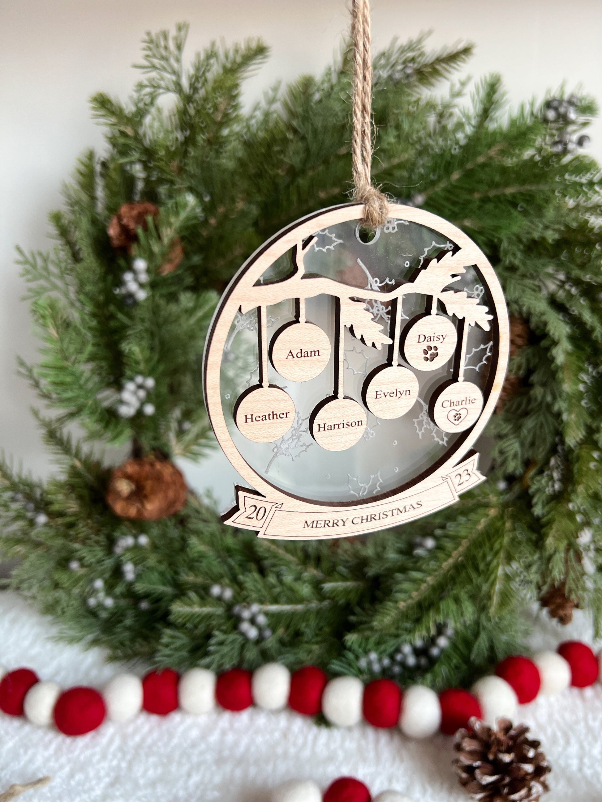 Family Christmas Ornament - Holly - Acrylic - Engraved - Personalized Ornaments - Gift - Family - Custom Gift
