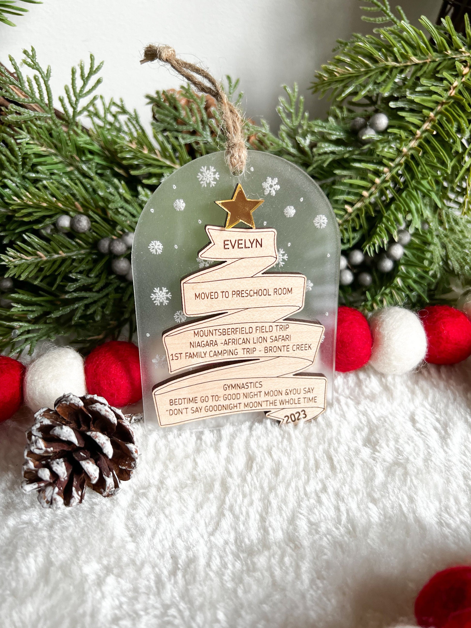 Engraved Time Capsule Ornament - Wooden Memory Ribbon - Capture Cherished Moments - Keepsake - Christmases Past - Year in Review