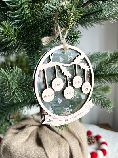 Personalized Family Wooden Ornament - Engraved Mistletoe and Pinecones - Acrylic - Multiple Family Members - Keepsake Ornament