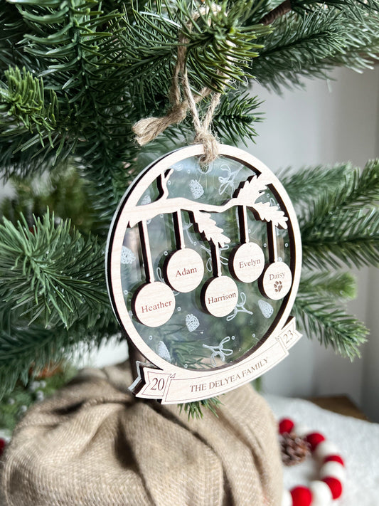 Personalized Family Wooden Ornament - Engraved Mistletoe and Pinecones - Acrylic - Multiple Family Members - Keepsake Ornament