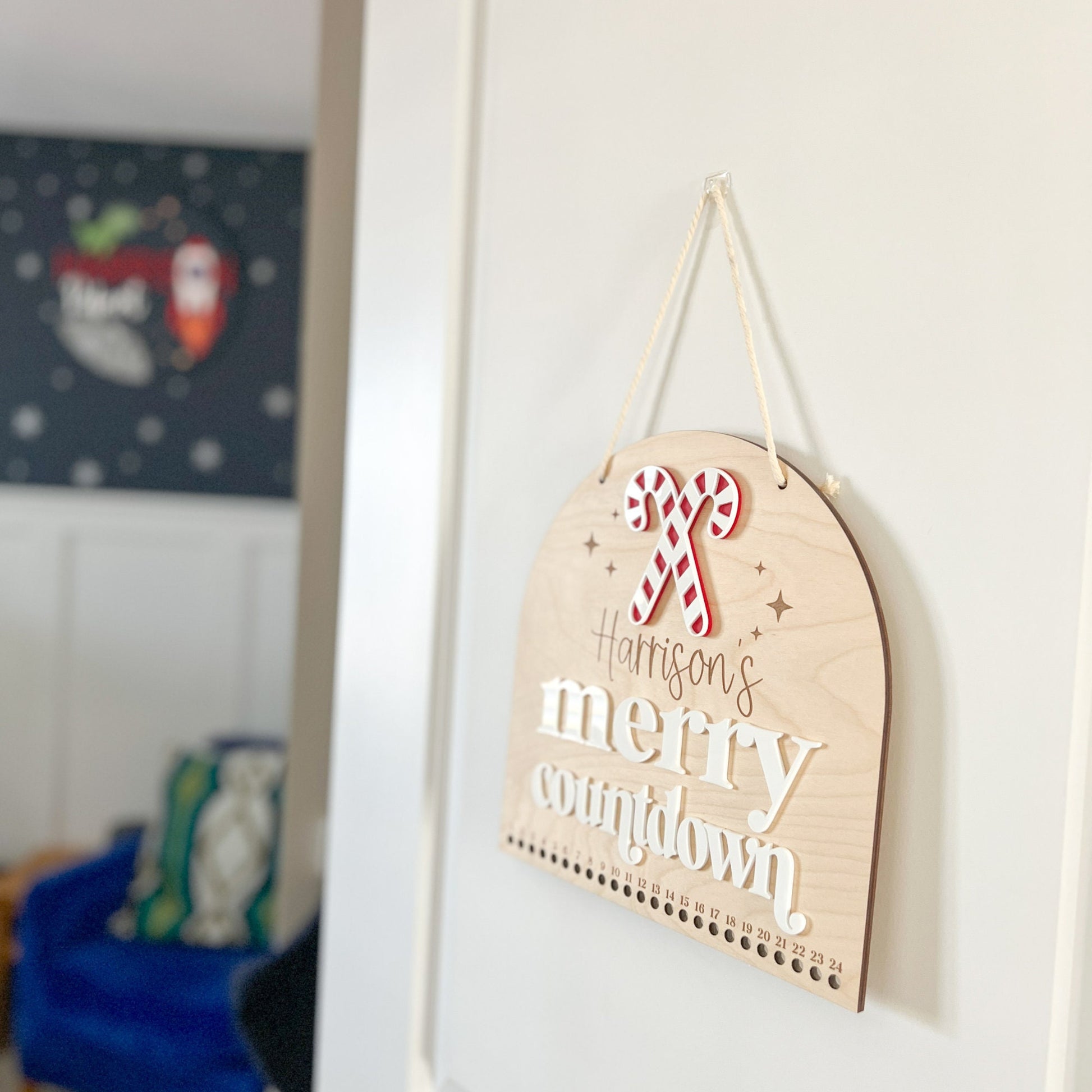 Christmas Advent Merry Countdown - Personalized Refillable - Customized Holiday Sign - Reusable - Wooden Wall Hanging - Xmas Decoration