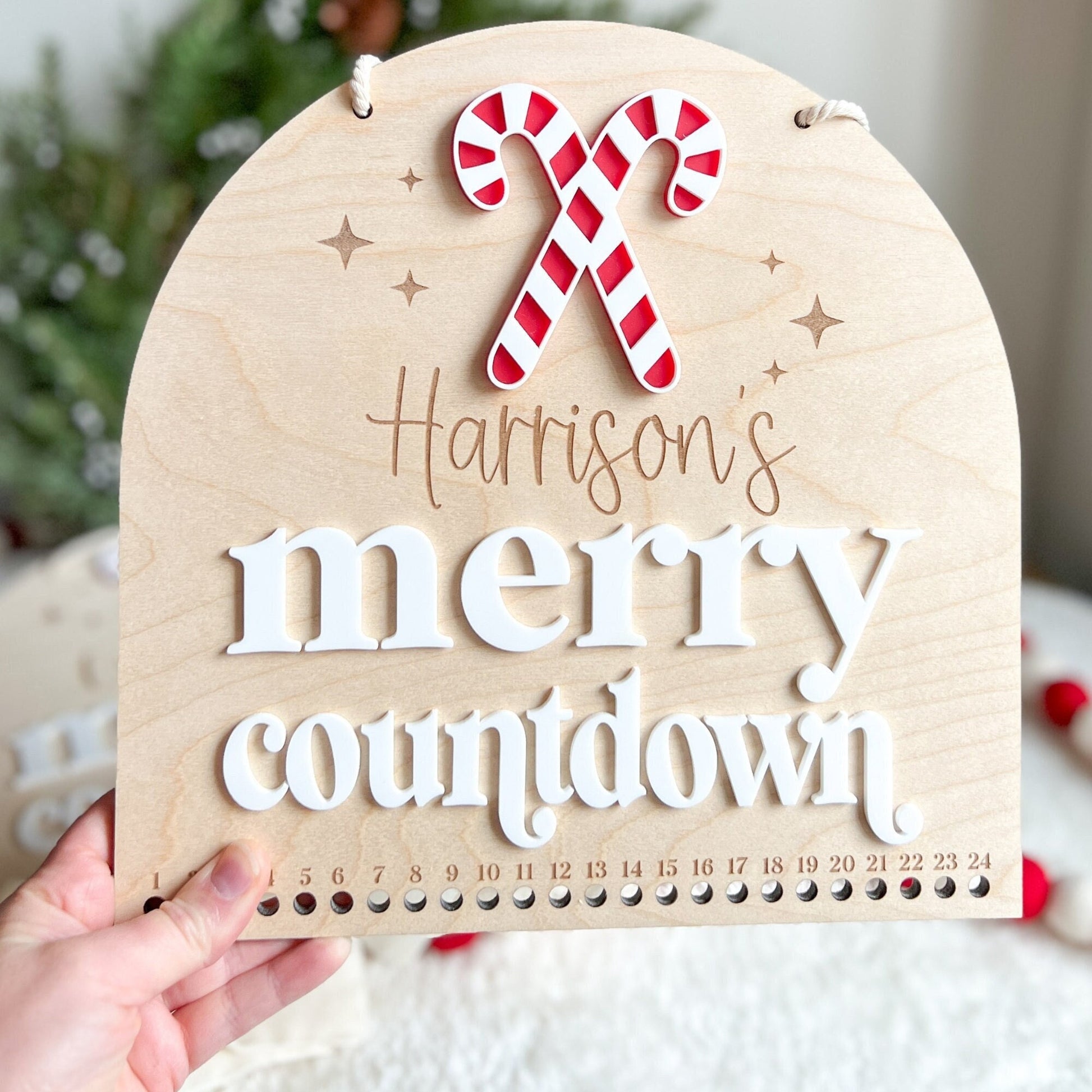 Christmas Advent Merry Countdown - Personalized Refillable - Customized Holiday Sign - Reusable - Wooden Wall Hanging - Xmas Decoration