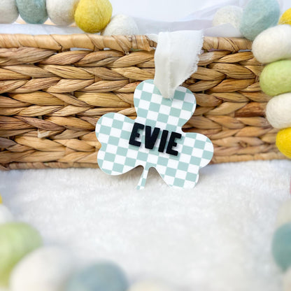 Personalized Retro Checkered Shamrock Bag Tag - 3D Acrylic Name - UV Printed - Lucky Clover Tag - St. Patrick’s Day Gift