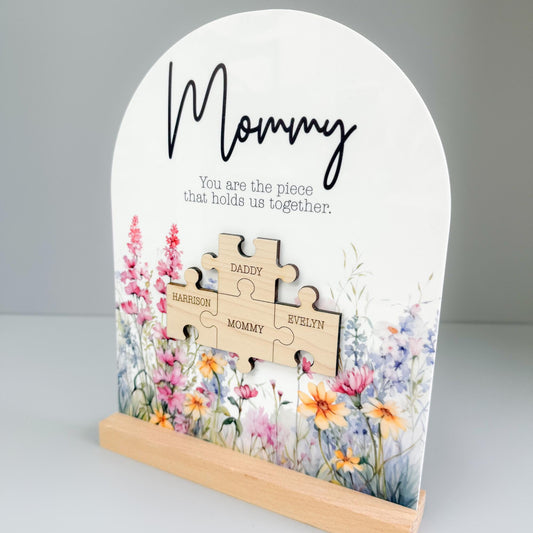 Personalized Puzzle Piece Shelf Sitter Sign – Mom Keeps Us Together, Floral Wood Decor